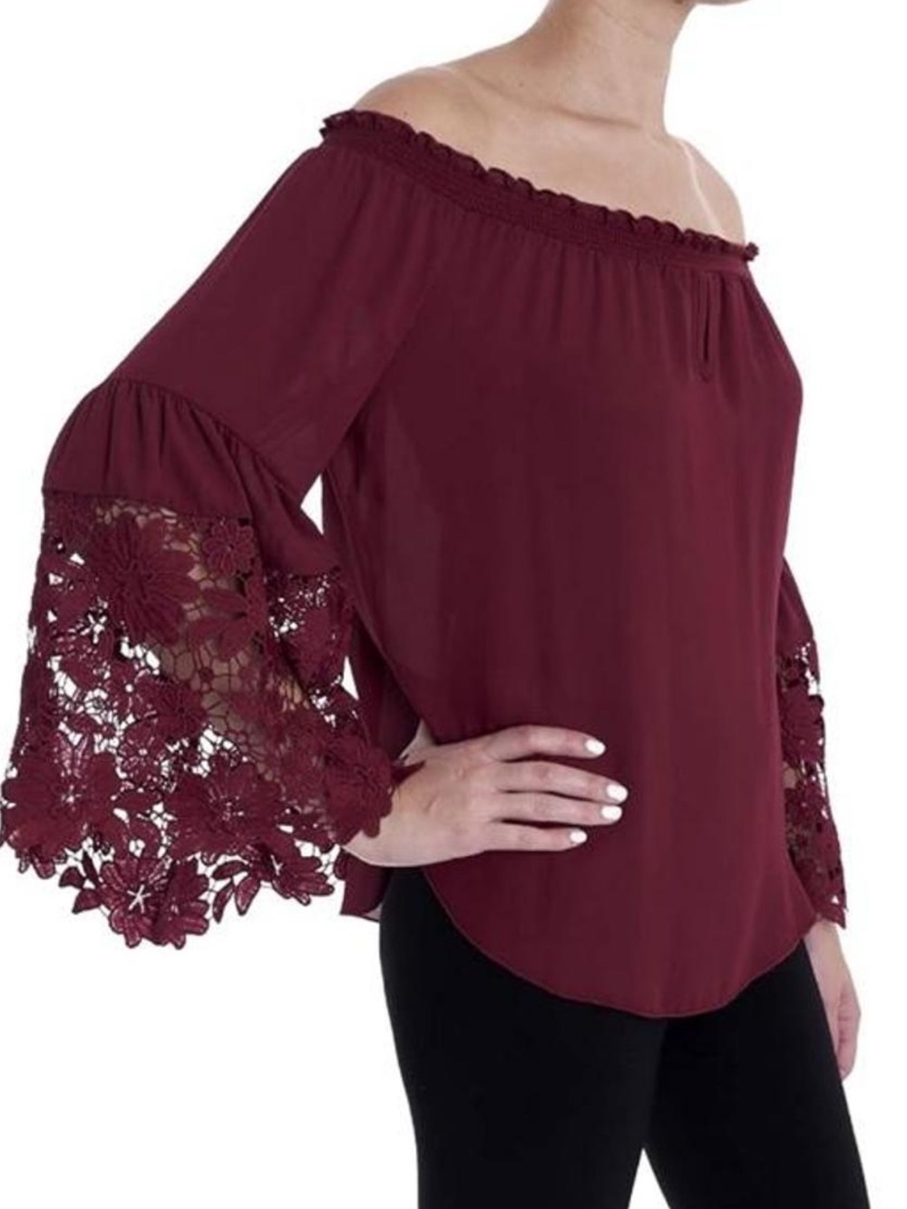 Joseph Ribkoff Burgundy Off-Shoulder Lace Bell-Sleeve Top
